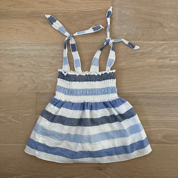 Janie & Jack Blue White Striped Linen Blend Smocked Sundress 3-6 Months - Picture 1 of 5